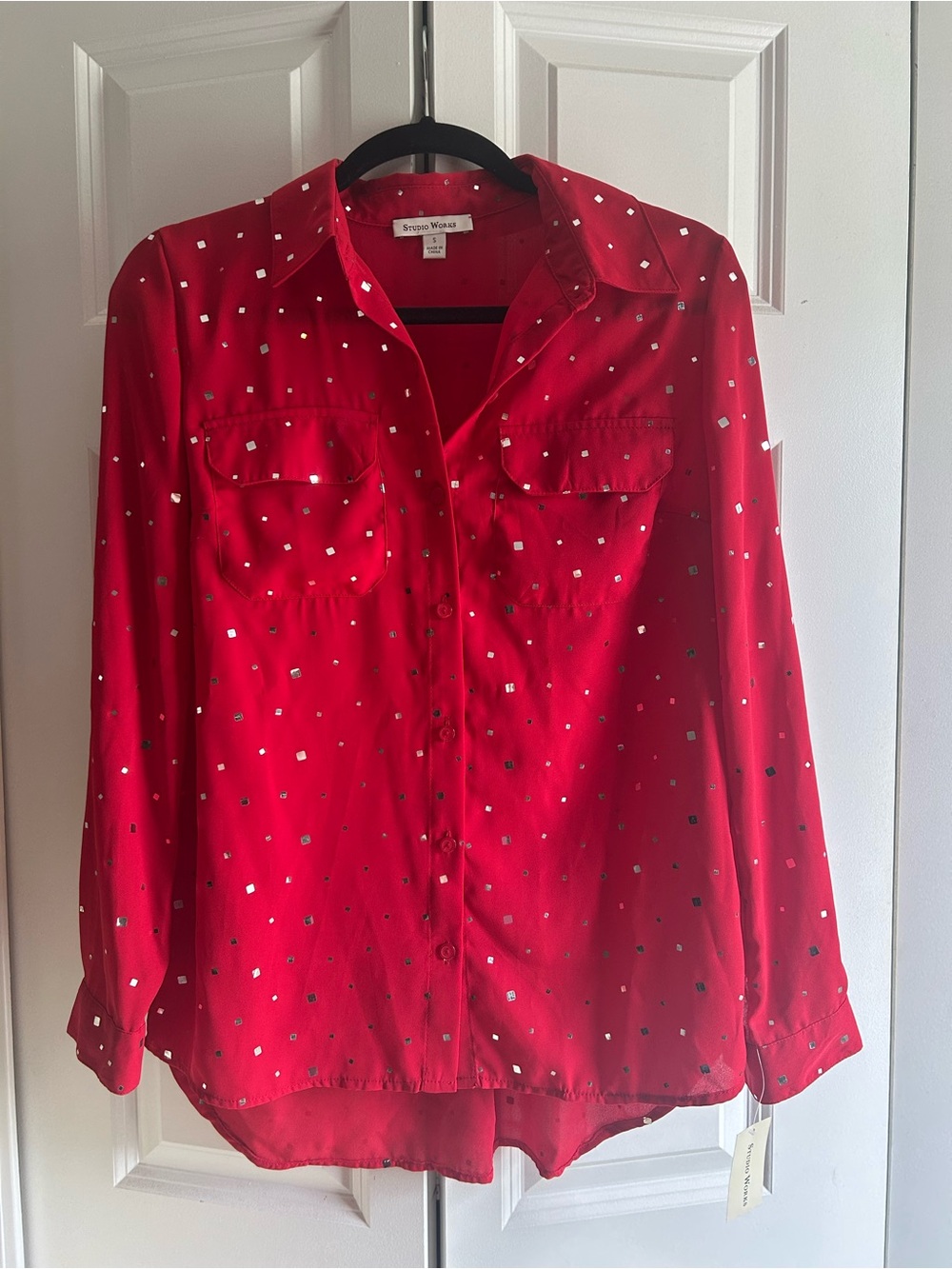 Studio Works Red Long-Sleeve Button-Down Shirt with Metallic Squares